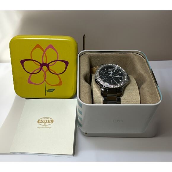 Fossil Riley Chrome Ceramic & CRYSTAL BEZEL WATCH CE1067 NEW with/Tin main image 5
